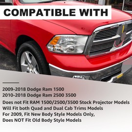 Reinko Headlights Assembly For 2009-2018 Dodge Ram 1500 2500 3500 W/Halogen Quad Headlamp,Clear Lens & Chrome Housing OE Replacement,1x Pair