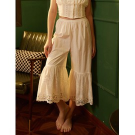 BEAUTELICATE Women’s Pettipants Pantaloons 100% Cotton Underskirt Petticoat Culottes Slip Summer Spring Loose Cropped Flared Pajama Pants Bottom with Lace Hem Cream, L