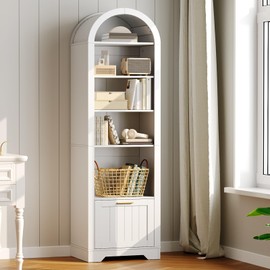 HOOBRO Arched Bookshelf with File Drawer, 71" Tall Narrow Bookcase for Small Spaces, 6-Tier Arched Bookcase with Storage and Adjustable Shelves, Farmhouse Bookshelf for Living Room, Office, White