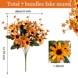 Mutcolor 7 Bundles Fake Mums Artificial Fall Flowers for Outdoors Faux Silk Daisy Floral UV Resistant Plastic Plants for Outside Indoor Garden Porch Pots Planter Table Vase Decorations(Orange)
