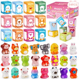 Tiaxidex Valentines Day Gifts for Kids, Contains 24 PCS of Valentine's Day gift boxes & 24PCS Animal Squishy Toys, Classroom Prizes, Perfect for Boys & Girls Classroom Gift Exchanges at School