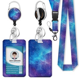Piefly Lanyards for Id Badges, Nebula Starry Sky Badge Holder with Retractable Reel Belt Clip, Gaxlxy Space Work Name Tag Lanyard Vertical ID Card Protector Case for Women Nurse Doctor Teacher Student