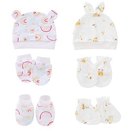 Mery Yuer Newborn Baby Cotton Hat and Newborn Anti-Scratch Mittens&Socks 6-Piece Set for Infant Boys and Girls