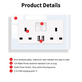 JIMEIDA Double Switched Power Socket White 5 Pack with USB A Charging Ports Crystal Glass Panel Wall Outlet 13 Amp Electric Socket