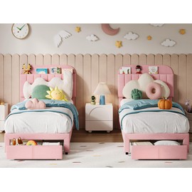 IDEALHOUSE Twin Bed Frame for Kids, Upholstered Platform Bed with Large Storage Drawer and Bookcase Headboard, Girls Bed, Noise-Free, Easy Assembly, No Box Spring Needed, Light Pink