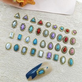 60PCS Vintage Western Style 3D Nail Art Charms, Turquoise Marble Gems, Rhinestone Jewelry Decorations for Acrylic Nails