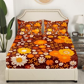 Kids 70s Groovy Flowers Bed Sheets Queen Size,Hippie Retro Farmhouse Plant Quality Brushed Microfiber Luxury Bedding Set Brown White Yellow Floral Bed Sheet Set (1 Flat,1 Fitted Sheet,2 Pillowcases)