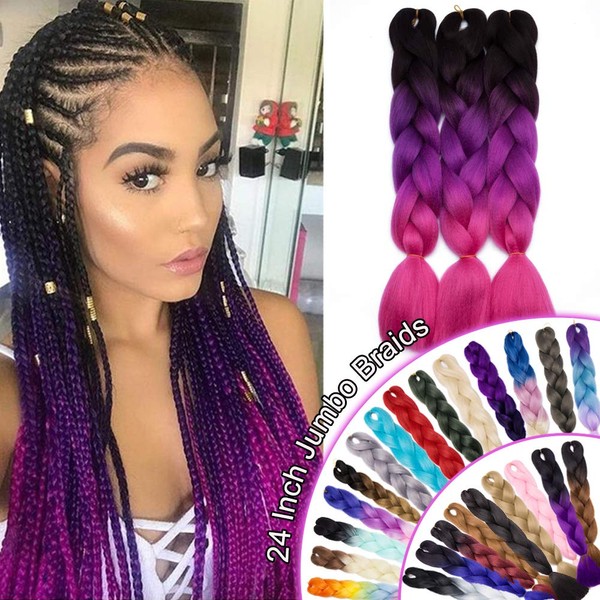 African Jumbo Braiding Synthetic Hair African Box Braids Ombre 24 Inch High Temperature Fiber Senegal Twist Braids 100g/pack 3 Tones Black/Purple/Hot Pink