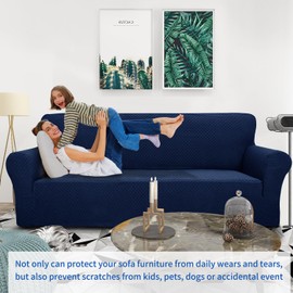 ZNSAYOTX 1 Piece Jacquard Couch Covers for 2 Cushion Couch High Stretch Loveseat Slipcover for Pets Dogs Anti Slip Love Seat Sofa Slipcover Furniture Protector (Loveseat, Navy Blue)