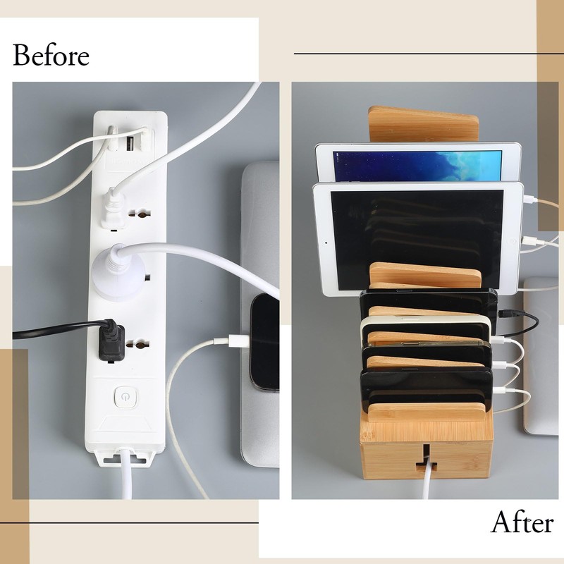 Burbell Bamboo Charging Station for Multiple Devices, Cell Phone Docking