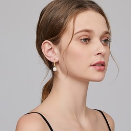 jiamiaoi Pearl Earrings 925 Silver Hanging Pearl Earrings Hoop Earrings with Pearls 18 K White Gold Plated 925 Sterling Silver Earrings Pearl 8 mm - 10 mm Pearl Earrings, Sterling Silver