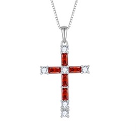 Lwsary January Birthstone Cross Necklace 925 Sterling Silver Garnet Necklace Crucifix Christian Religious Pendant Rectangular Square Cut Cubic Zirconia Jewelry for Women