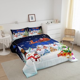Manfei Christmas Bedding Set Full Size Snowman Christmas Tree Print Comforter Set Santa Claus with Reindeer Quilt Set 3pcs for Kids Boys Girls Room Decor New Year Theme Duvet Set with 2 Pillowcases