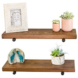 Floating Wall Shelf with Industrial Pipe Brackets, Solid Wood, Rustic Farmhouse Shelf, 24" x 7.5" x 1.5" (2, Dark Walnut)