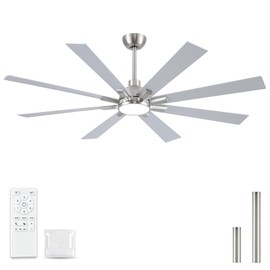Realmate 62 Inch Ceiling Fans with Lights and Remote, Nickel Large Ceiling Fan for Bedroom Living Room Indoor/Outdoor, 6 Speed Reversible DC Motor, 3CCT, Downrod, Dual Color 8 Blades, ETL Listed