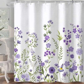 Purple Floral Shower Curtain, Flower Lilac Lavender Wisteria Flower Plant Spring Wildflower Shower Curtain Set, Watercolor Waterproof Fabric Bathroom Decor Accessories with Hooks 72 x 72 Inch