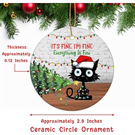Funny Ornament for Christmas Tree, Office, Car, Home Decorations, 2024 Christmas Ornament, 2-Side Printed Ceramic Ornament Gifts, Black Cat Everything is Fine