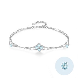 FH.bird August Birthstone Bracelet, Women's, Four Leaf Clover, Lucky Flower, 925 Silver, Hypoallergenic, Peridot Bracelet, Blue, Simple Accessory, Popular Birthday Gift, Silver, Created Aquamarine