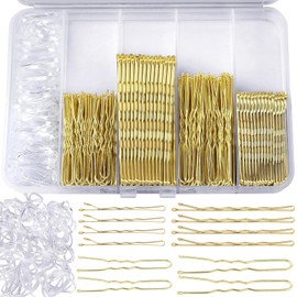 300pcs Bobby Pins Kit, Hair Clips, U-shaped Hair Clips and Ha-ir Bands - Bobby Pins for Women Ha-ir Pin for Buns, H-air Grips Gold H-air Styling Accessories with Storage Box(Gold)