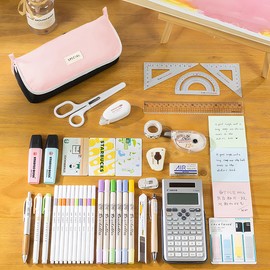 Pencil Case Large Capacity Pencil Pouch with Large Compartment, Foldable Pencil Bags with Zipper Pencil Pouch, Student Pencil Case Stationery Bag for Girls and Boys Teen Adults Women (Pink Black)