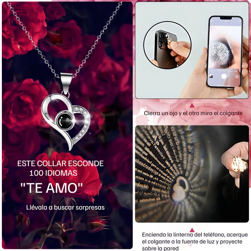 Flores Rosa Natural Eterna Y Collar De Te Amo Corazón