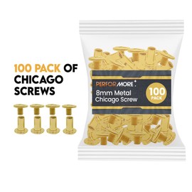 Performore 100 Pack of Chicago Screw Post Binding Screws, 8mm Brass Plated Metal Screw Posts for Scrapbooking, Photo Albums, Binding Leather Repair