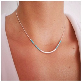 Yheakne Boho Turquoise Bead Choker Necklace Silver Curved Bar Necklace Skinny Tube Bar Floating Necklace Minimal Necklace Chain Jewelry for Women