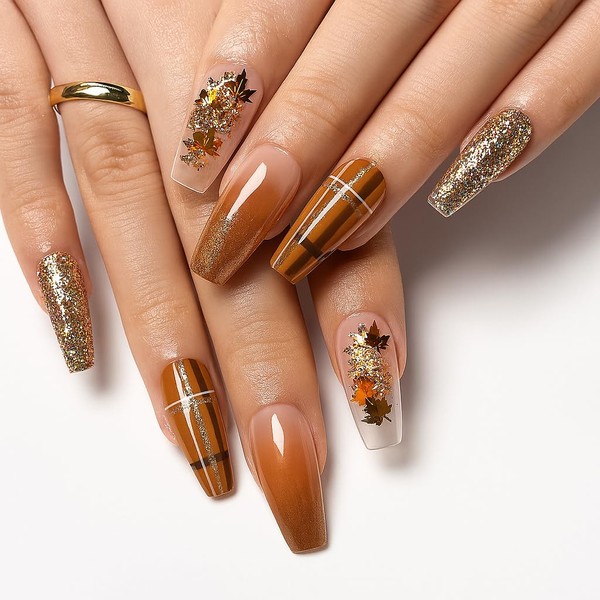 Autumn Press on Nails Long Coffin Fake Nails, Maple Leaf