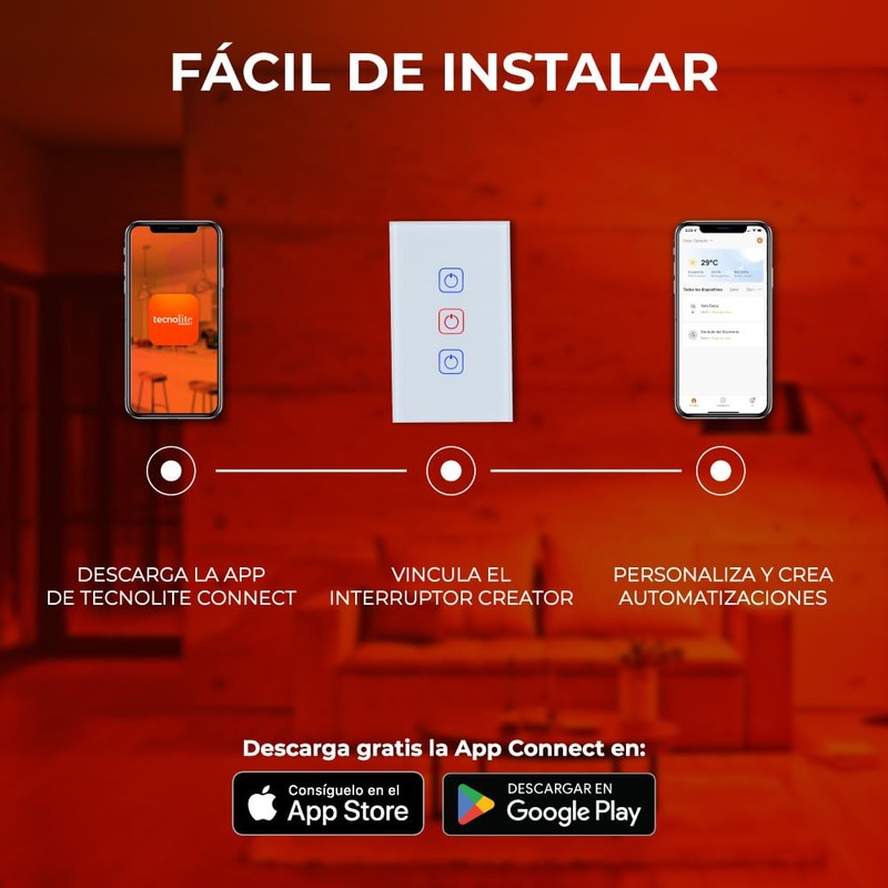 Tecnolite Connect - Apagador Inteligente Táctil WiFi 3 Circuitos, Requiere