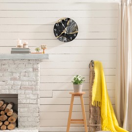 WWOOPLL Round Wall Clock Silent Non-Ticking Clock 12 Inch/30 CM, White and Golden Marble Home Decor for Living Room, Bathroom, Bedroom, Kitchen, Office and School