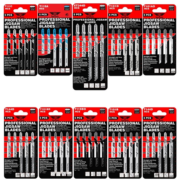 50 x TopsTools JSTTXK10 T101AO T101B T101BR T101D T111C T118A T119BO T144D XT344D Mixed Jigsaw Blades Compatible with Bosch, Dewalt, Makita, Milwaukee and many more
