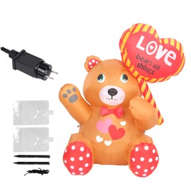 51.2in Inflatable Valentine Bear with Love Heart LED Lights IP44 Waterproof Blow Up Decoration for Yard Lawn Garden Home Party Indoor Outdoor EU Plug 220‑240V
