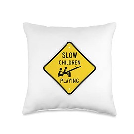 Slow Children Sign Shop Slow Children Playing Street Sign Teeter Totter Humor Funny Throw Pillow, 16x16, Multicolor