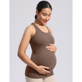 POSHDIVAH Women's Maternity Tank Tops with Built in Bra Padded Sleeveless Pregnancy Yoga Tee Workout Shirt Clothes, Coffee Small