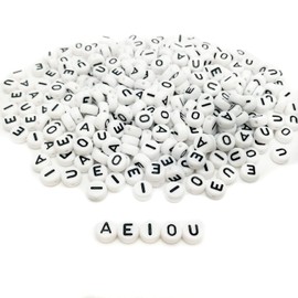 Amaney 300 Pieces 7×4mm White Round Acrylic Black Alphabet Vowel Letter Beads A E I O U Each 60 Pieces for Jewelry Making Bracelets Necklaces Key Chains