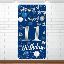 11th Birthday Decorations for Boys Girls Happy 11th Birthday Banner Large Size Blue Silver Birthday Backdrop Banner for 11 Years Old Anniversary Birthday Party Photo Prop Booth Background Deco