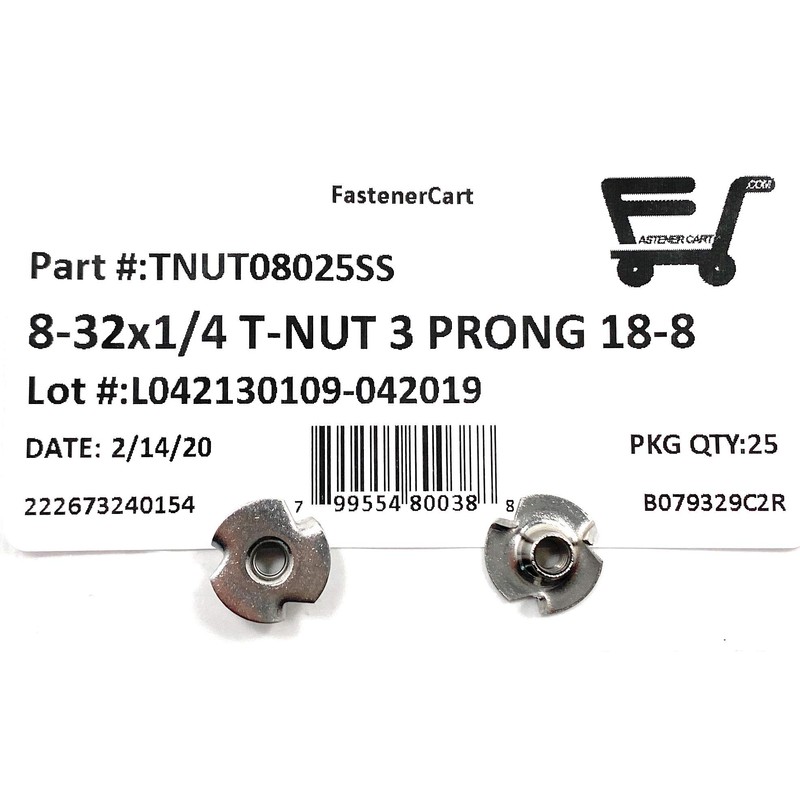 T-NUT Stainless Steel 8-32x1/4 3 Prong Tee Nuts (#8-32 Thread