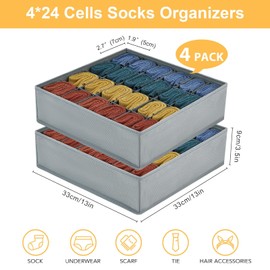 Joyoldelf Drawer Organiser - Set of 4 Foldable Sock Organisers - Wardrobe Storage Organiser with 24 Cells - Drawer Dividers Storage Boxes for Socks, Baby Clothes, Ties and Scarves - Grey
