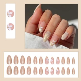 24 Pcs Gold Pink Press on Nails Short Almond - YEFIUO White Flower Fake Nails Press ons Glitter French Nail Tip Glue on Nails with Cute Design Full Cover False Nails Stick on Nail Acrylic Nail Art Kit