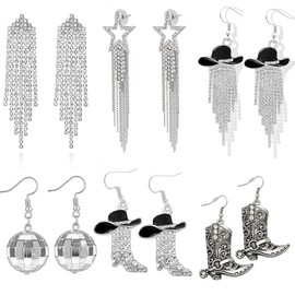 6 Pairs Rhinestone Western Earrings Set Western Cowgirl Cowboy Boots Drop Dangle Earrings Rhinestone Punk Star Tassel Earrings for Women