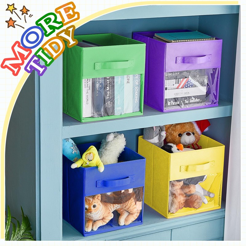Marsui 12 Pcs Clear Cube Storage Bins Rainbow Colored Collapsible