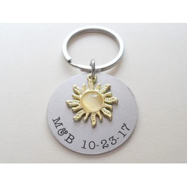 Custom Golden Sun Charm Keychain with Engraved Steel Disc, Couples Anniversary Keychain or Best Friend Keychain