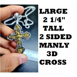 Fashion Jewelry Men Large 3D 2 Side CROSS ANGEL CHRISTIAN Pendant on 26" 925 Plated Silver Chain