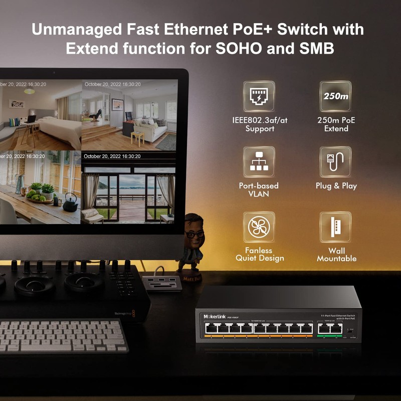 MokerLink 11 Port Switch: 9 PoE+ Ports, 2 Fast Ethernet