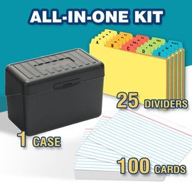 H4D 4x6 Index Card Holder with 100 Heavyweight Ruled Index Cards and 25 Plastic Dividers, Black