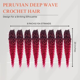 RAHELMO Peruvian Deep Wave Crochet Hair 20” - Deep Wave Crochet Braiding Hair Extensions - Curly Wave Hair Extension for Black Women & Girls - 8 Pack of 13 Strands/Pc (#1B118 Off Black and Burgundy)