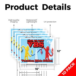 VBS Sign Up Now Yard Sign 10 Pack of 12 Inch x 16 Inch Double Sided Weatherproof Heavy-Duty Plastic with Stake | Vacation Bible School, Faith-Based Learning, Clear Messaging | Made in USA