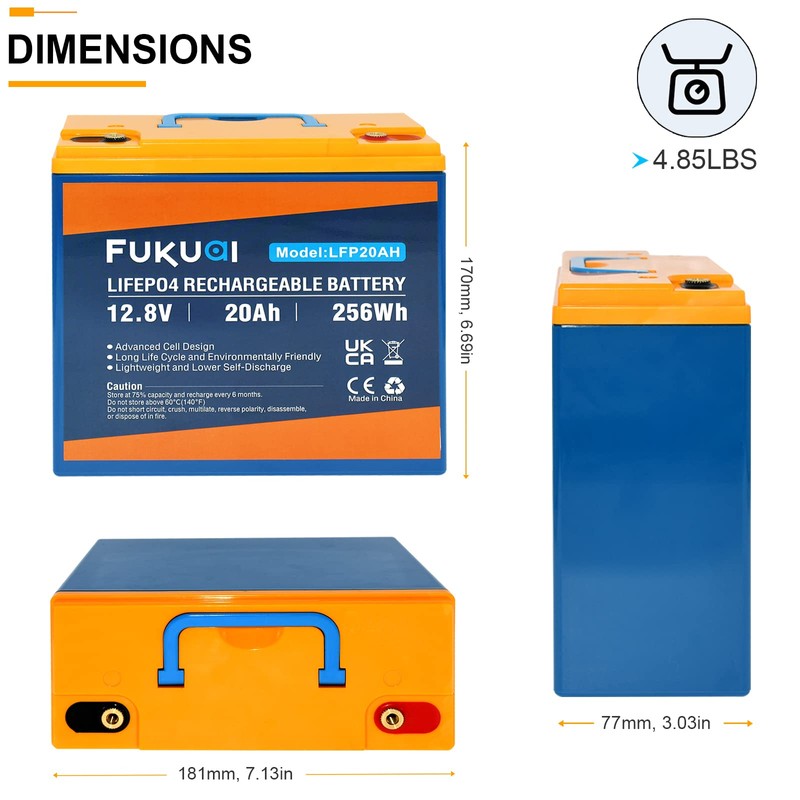 Fukuai 12V 20Ah LiFePO4 Lithium Battery, 2000+ Deep Cycles Rechargeable