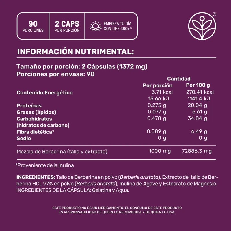 Berberina Life 360 1000 Mg 180 Cp Extracto Berberina Hcl