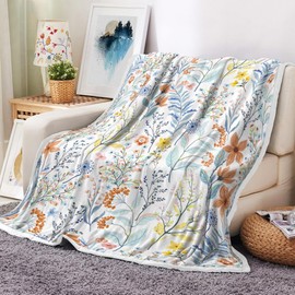 JAWO Blue and Yellow Floral Throw Blanket, Flowers Fleece Blanket, Travel Throw Blanket for Women, Lightweight and Warm Blanket for Bedroom